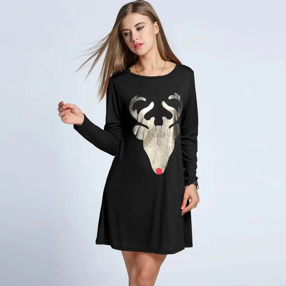 

Women Long Sleeve Gold Deer head Print Dress New Year Costume Dress Christmas Clothes Vestidos