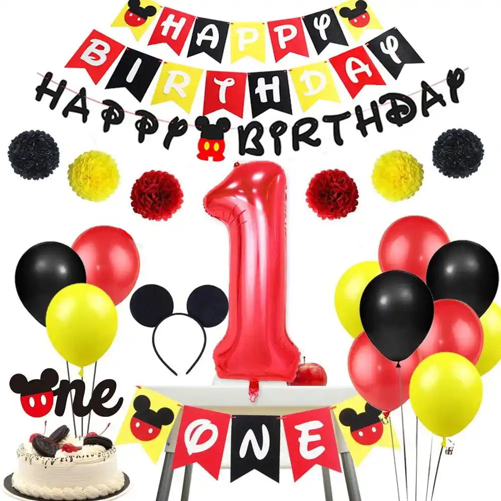 Mickey Mouse Baby One Year Old Birthday Party Disposable Tableware Decor Banner Ballons Decoration Birthday Party Supplies Party Diy Decorations Aliexpress
