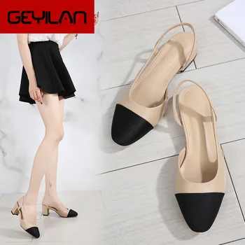 

Mixed color chunky single shoes women summer shallow sandals side cut out stretch back strap slip on slingback sandals Sandalias