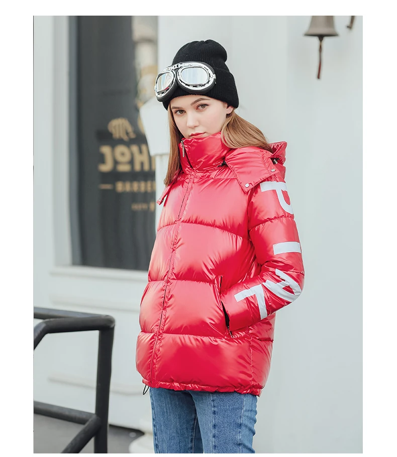 Winter Parka Women's Glossy Hooded Down Cotton Jacket Thick Bright Green Blue Shiny Jackets Letter Printed Loose Parker Coat