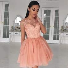 Новинка, сексуальные женские короткие коктейльные платья, Воротник Sheer Jewel, длинные рукава, Персиковое кружево, аппликация, блестки, молния сзади, вечерние платья для выпускного вечера, для дома