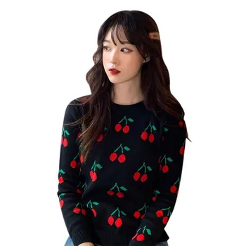 

Cute Women Autumn Winter Cartoon Cherry Print Slim Long Sleeved Round Collar Slim Bottom Knit Sweater