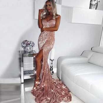 

Rose Gold Sequined Off-shoulder Mermaid Prom Dresses Sexy Sweetheart Backless Sleeveless Customed Made Evening Dress