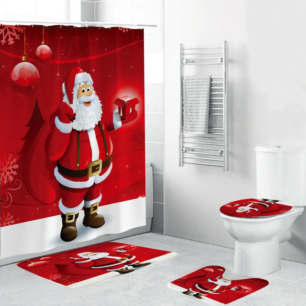 Merry Christmas Набор ковриков для ванной, Снеговик Дед Мороз Санта колокольчик, водонепроницаемая занавеска для душа, коврик для туалета, нескользящий коврик