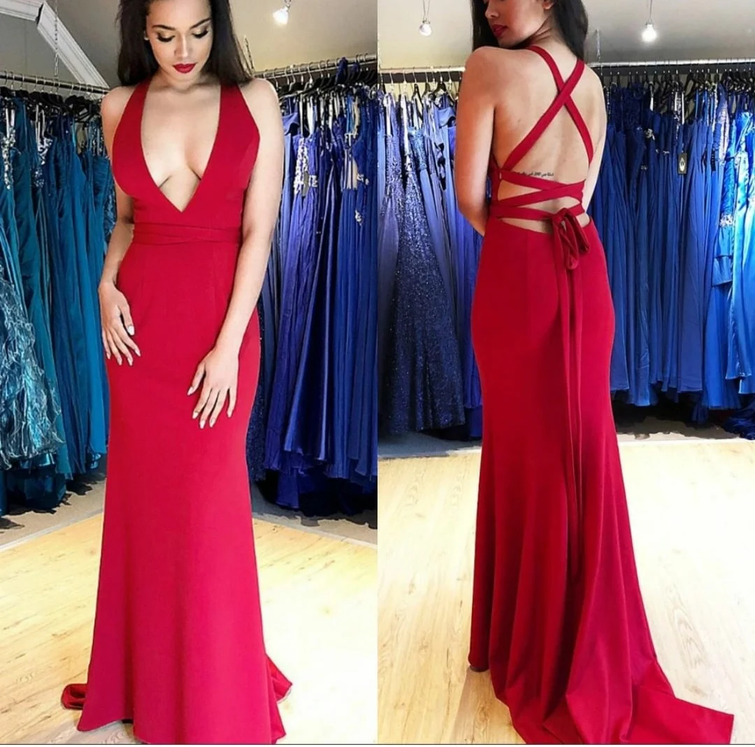 

Sexy Long Red Mermaid V-Neck Evening Dresses Satin Floor Length Criss Cross Back Formal Party Dresses for Women