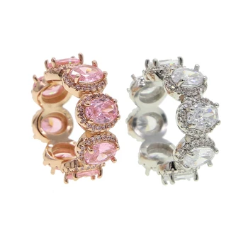 

2020 New Iced Out Rose Pink cz Eternity Band Ring Luxury Jewelry Silver Color 5A Stone Promise Party HipHop Bling Man Women Ring