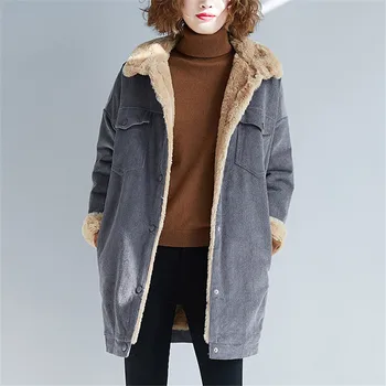 

Autumn Winter Coat Women Corduroy Long Jacket Lambswool Bomber Jackets Female Long Sleeve Casual Single Breasted Outerwear A18