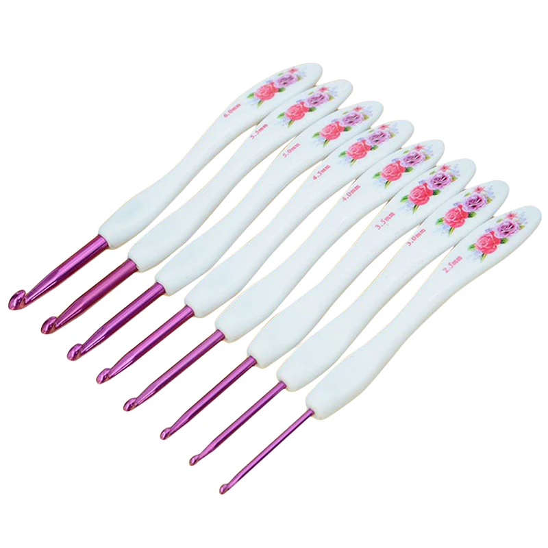8Pcs/set Chinese Style Retro Floral Print Plastic Handle Sweater Needle Crochet Hooks New Sewing Tools Haaknaalden