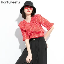 Polka Dot Red Blouse Women Patchwork Ruffles Pullover Tops V Neck Short Sleeve Shirt 2020 Summer Plus Size Loose Fit Irregular Blouses Polka Dot Red Blouse Women Patchwork Ruffles Pullover Tops V Neck Short Sleeve Shirt 2020 Summer Plus Size Loose Fit Irregular Blouses