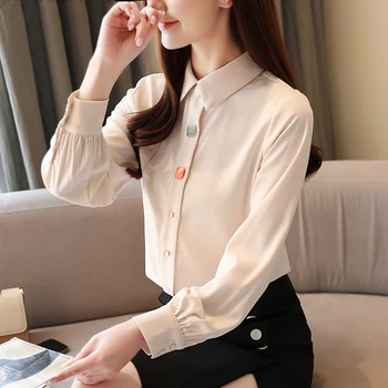 

COIGARSAM Casual Full Sleeve Shirt Womens tops New Spring Cute Chiffon Solid Women shirts Apricot 8190