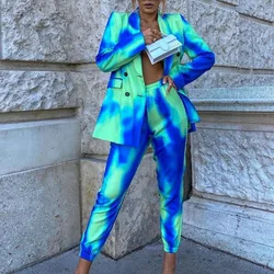 Primavera outono streetwear feminino conjunto tie dye manga longa blazer calças terno senhora do escritório agasalho conjunto de duas peças roupas de fitness