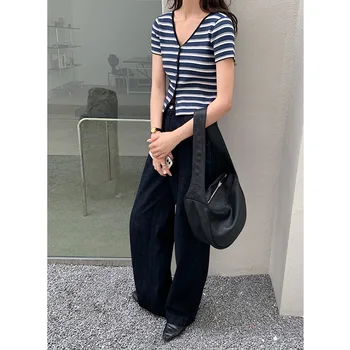

WOMEN Short-sleeved striped knitted cardigan female summer new outer ice silk sweater thin retro v-neck