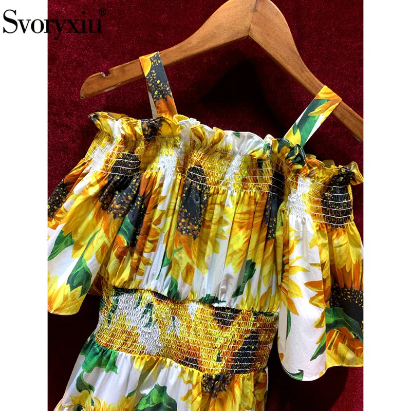 Svoryxiu подиумная летняя подсолнуха Хлопковое платье с принтом женский сексуальный топ с открытыми плечами праздничные оборки Спагетти ремень платья