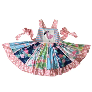 

pink color sleeveless girls dress summer twirl dresses with flamingos pattern clothes