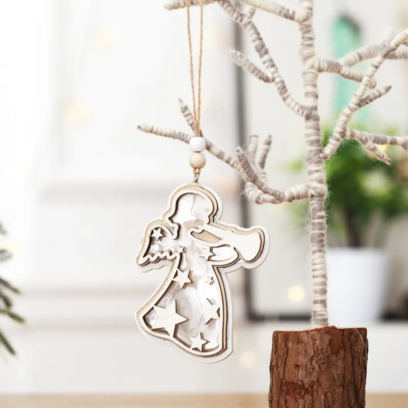 

Wooden Cutout Luminous Christmas Ornament Glowing Light up Star Snowflake Angel Christmas Tree Hanging Pendant Holiday Decor