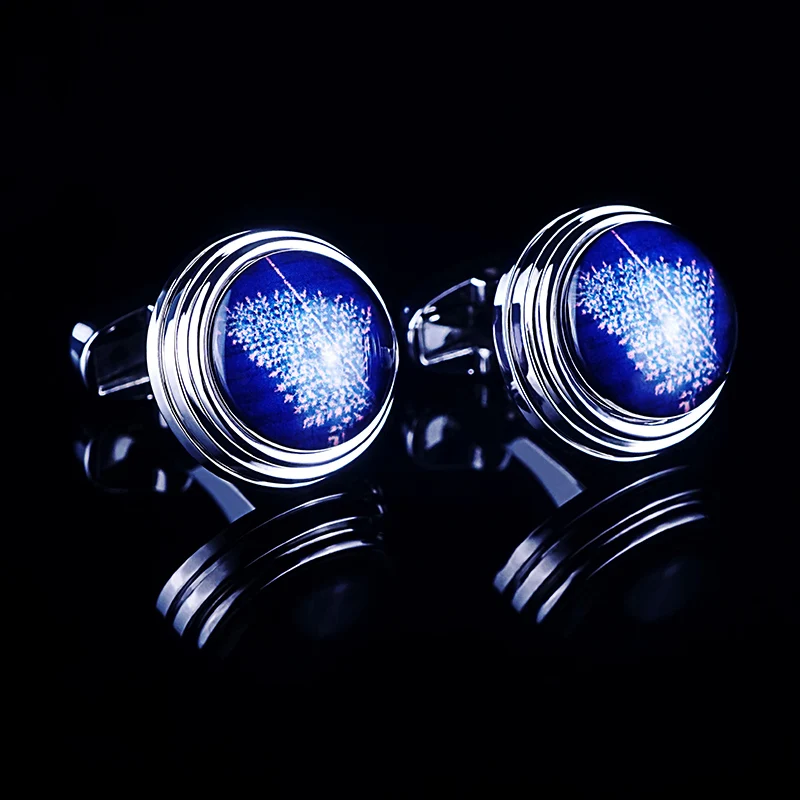 Beautiful  Round Blue Snowflake Stone With flower Rhodium-Plated Cufflinks For Mens Luxury Quality Jewelry