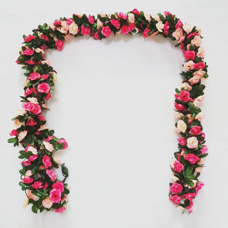 250CM Pink Rose Artificial Silk Flowers Garland Autumn Wedding Home Room Decor Christmas Arrangement Garden Arch Fake Plant Vine