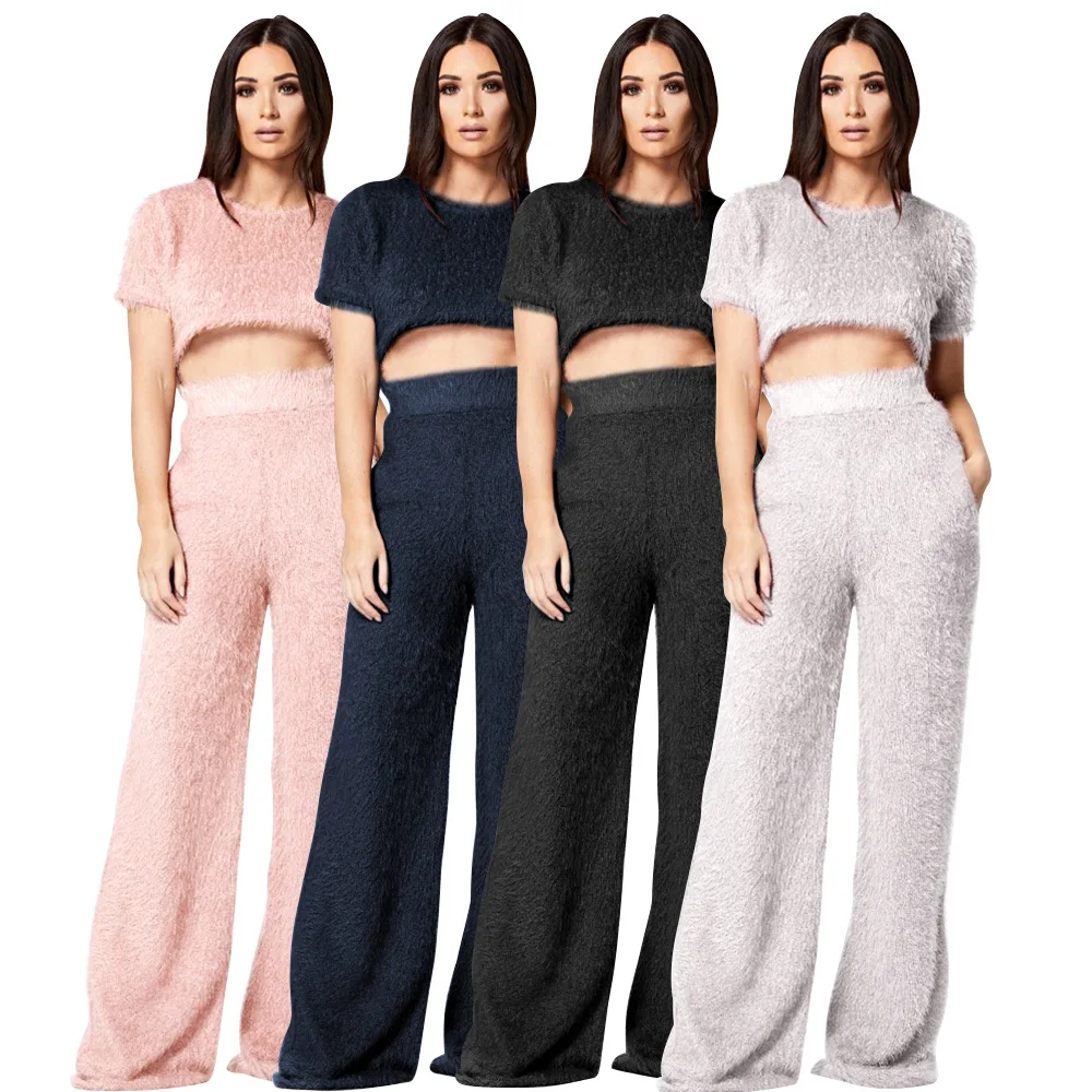 

New Style Solid Color Casual Sweatshirt Loose Pants Two-Piece Women's 2018 Autumn And Winter Warm Pocket Sports Set Velvet
