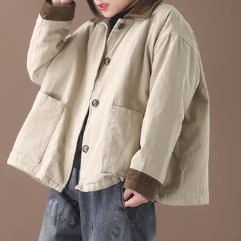

Female new winter korean style plus plus size outerwear literary corduroy stitching collar loose short coat