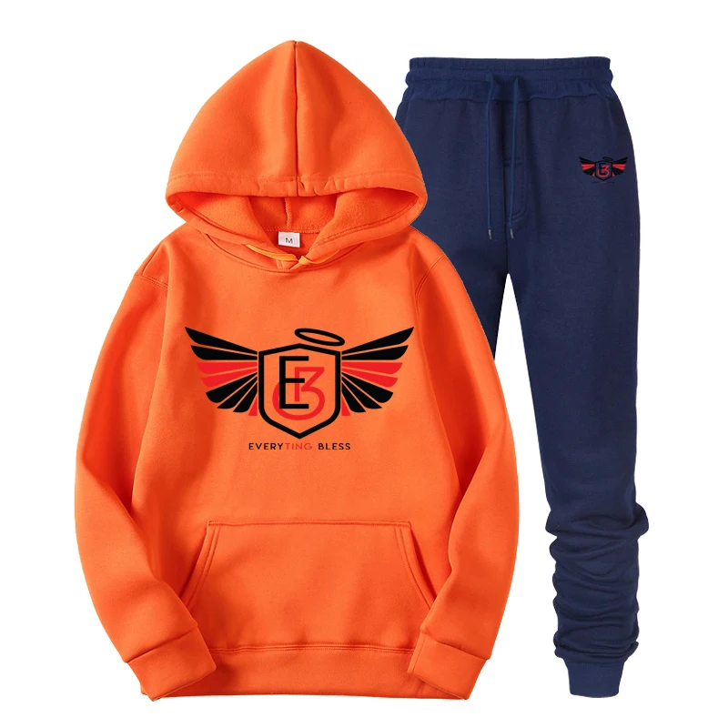 Orange-navy Модный комплект из двух предметов, мужские толстовки с капюшоном, спортивная одежда для мужчин, спортивный костюм с капюшоном, осенне-зимняя мужская брендовая одежда, толстовки+ штаны - Цвет: Orange-navy