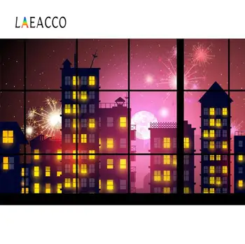 

Laeacco Cartoon Comic Superhero Birthday Party City Fireworks Celebration Baby Portrait Photo Background Photography Backdrop