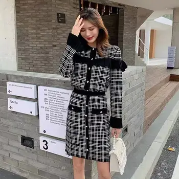 

Knit Sweater Women Two Piece Set Matching Sets Vintage Plaid Mini Skirt Ruffles Cardigan Crop Top Outfits Autumn Korean Clothes
