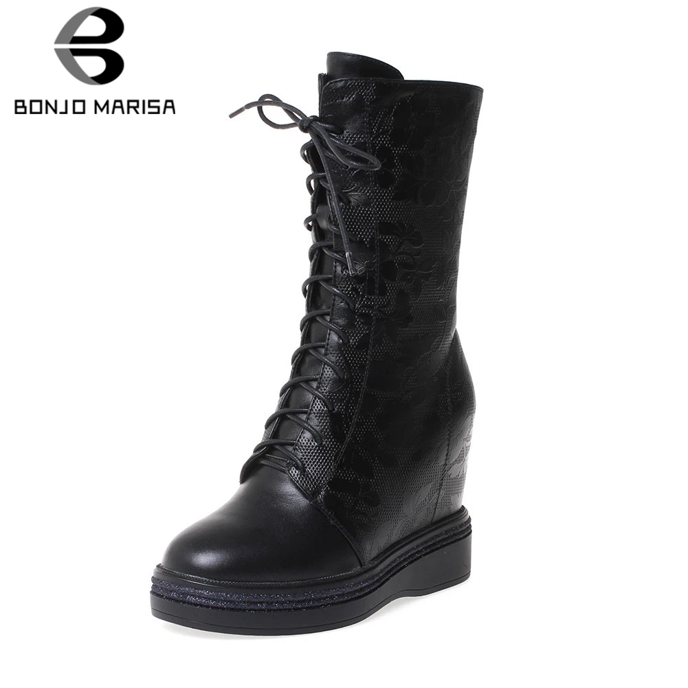 

BONJOMARISA 32-40 High Top Genuine Leather Boots Women 2020 Height Increasing Booties Ladies Platform High Shoes Woman