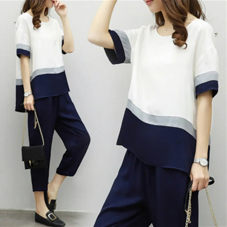 

Nice Summer Tide O Neck 2 Piece Set Women Casual Short Sleeve Loose Suit Plus Size Patchwork Color Chiffon Suit