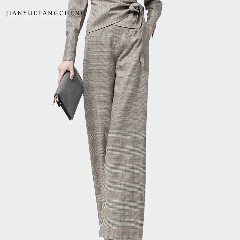 

Office Ladies Suits Pants Trousers Brown Long High Waist Wide Leg Autumn Pants Women Loose Plus Size Plaid Dyed Pants Pantalon