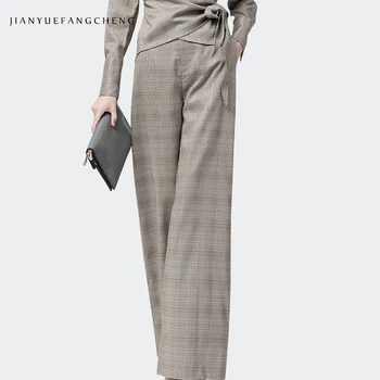 

Office Ladies Suits Pants Trousers Brown Long High Waist Wide Leg Autumn Pants Women Loose Plus Size Plaid Dyed Pants Pantalon