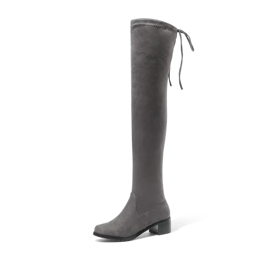 Dark grey QUTAA/ г. Модные Универсальные Сапоги выше колена из эластичной ткани на шнуровке зимняя теплая женская обувь на меху на квадратном каблуке размеры 34-43 - Цвет: Dark grey
