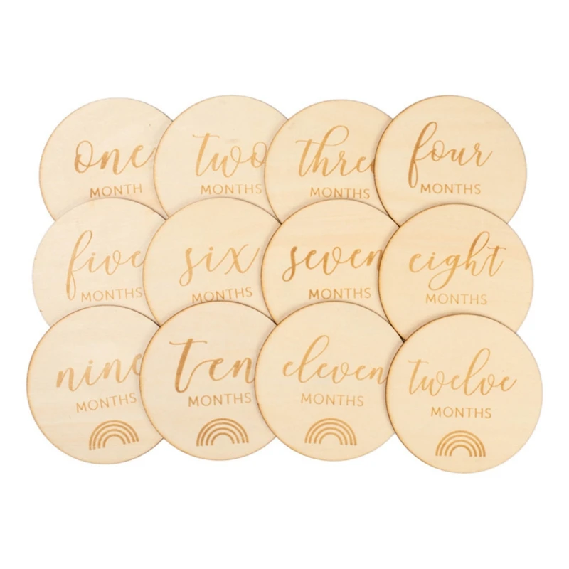 12 Pcs Baby Milestone Cards Wooden Commemorate Baby Birth Monthly Recording Disc Q81A