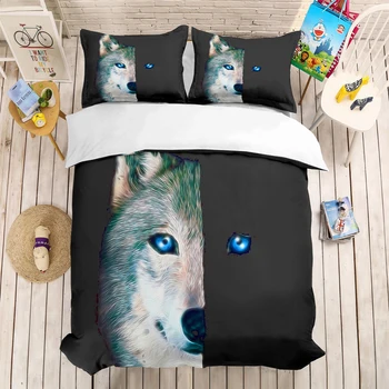 

Blue Eyed Wolf Black Bedding Set Bedroom Decor 100% Microfiber Hypoallergenic with Zipper 1PC Duvet Cover with Pillowcases