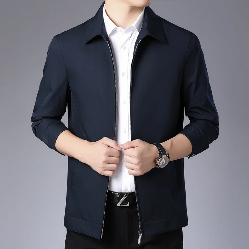

Mens Solid color business Casual lapel zipper Jackets Fashion Male Black Turn-down Collar thin Solid Jackets LXW19038
