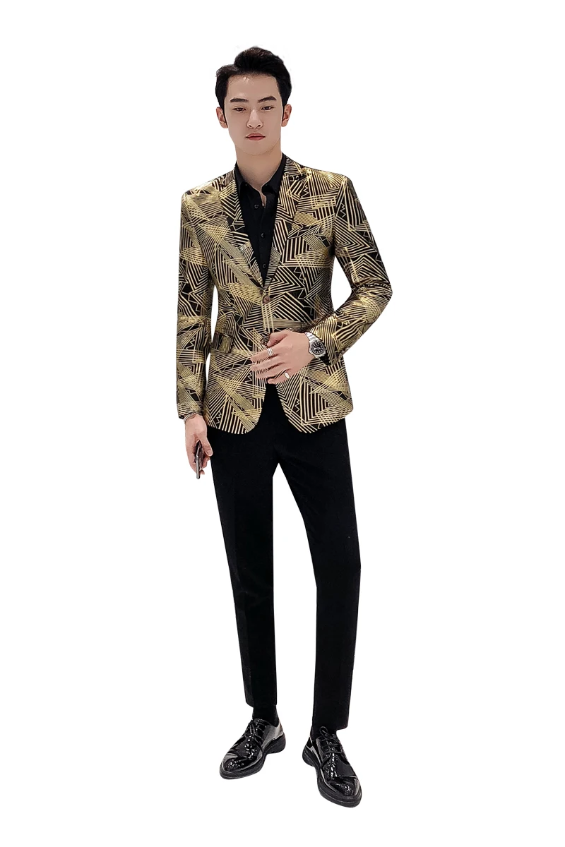 Роскошный Блейзер в золотую полоску с принтом Masculino Slim Fit модный Мужской Блейзер Куртка сценический костюм для Dj Singer Chaqueta Hombre - Цвет: Золотой