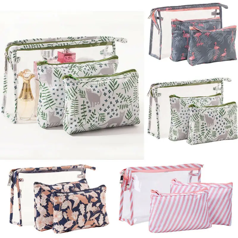 

Cosmetic Toiletry Travel Wash Makeup Bag PVC Holder Pouch Kits PVC + Nylon Handmade 3pcs Makeup Storage Bags
