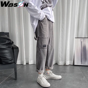 

Wbson 2020 Spring Hong Kong Style Loose Wide Leg Straight Jeans Pants Men Multi-Pockets Cargo Jeans Trousers Men CS-NZ8604