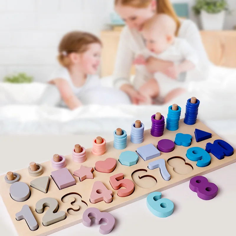 

Wooden Macaroon Color with Numbers Shape Three-in-One Numbers Board Kindergarten Teaching Aids Educational CHILDREN'S Toy Wholes
