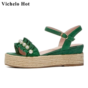 

Vichelo Hot princess style sweet girls summer shoes cow suede peep toe high heels straw wedges pearl dating sandals women L11