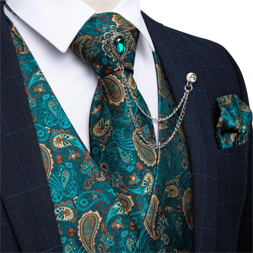 Vestido Formal de seda verde azulado Paisley 100%, chaleco de caballero, Chaleco de fiesta de boda, corbata, broche, conjunto de bolsillo a cuadros, DiBanGu