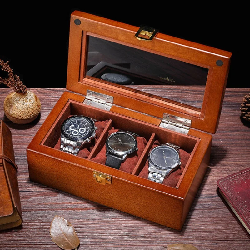 

3 Slots Luxury Wood Watch Box Case Organizer with Lock Jewelry Storage Holder Gift Case