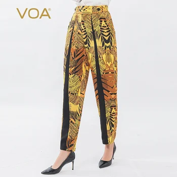 

VOA Silk 30mm Fashion Printed Heavy Mix Material Stitching Tendon Folds Waist Hugging Loose Microprojectile Harem Pants K1273