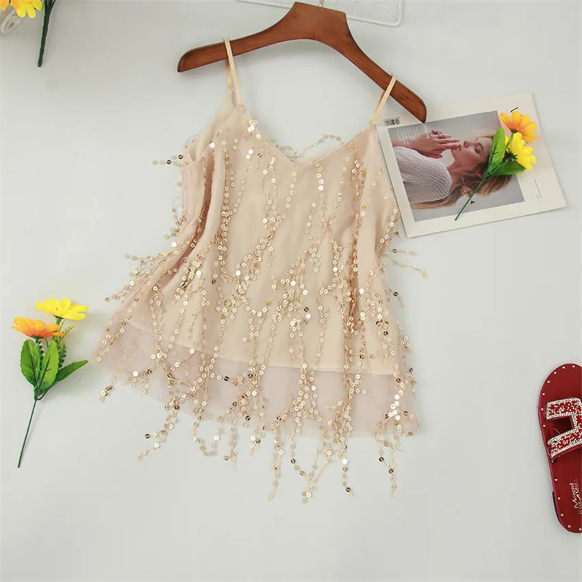 

New Fashion Slim Women Mesh Sequined Vest Lady V-neck Tassel Tank Sleeveless T-Shirt Summer Outfits Crop Top Bottomings WZ915