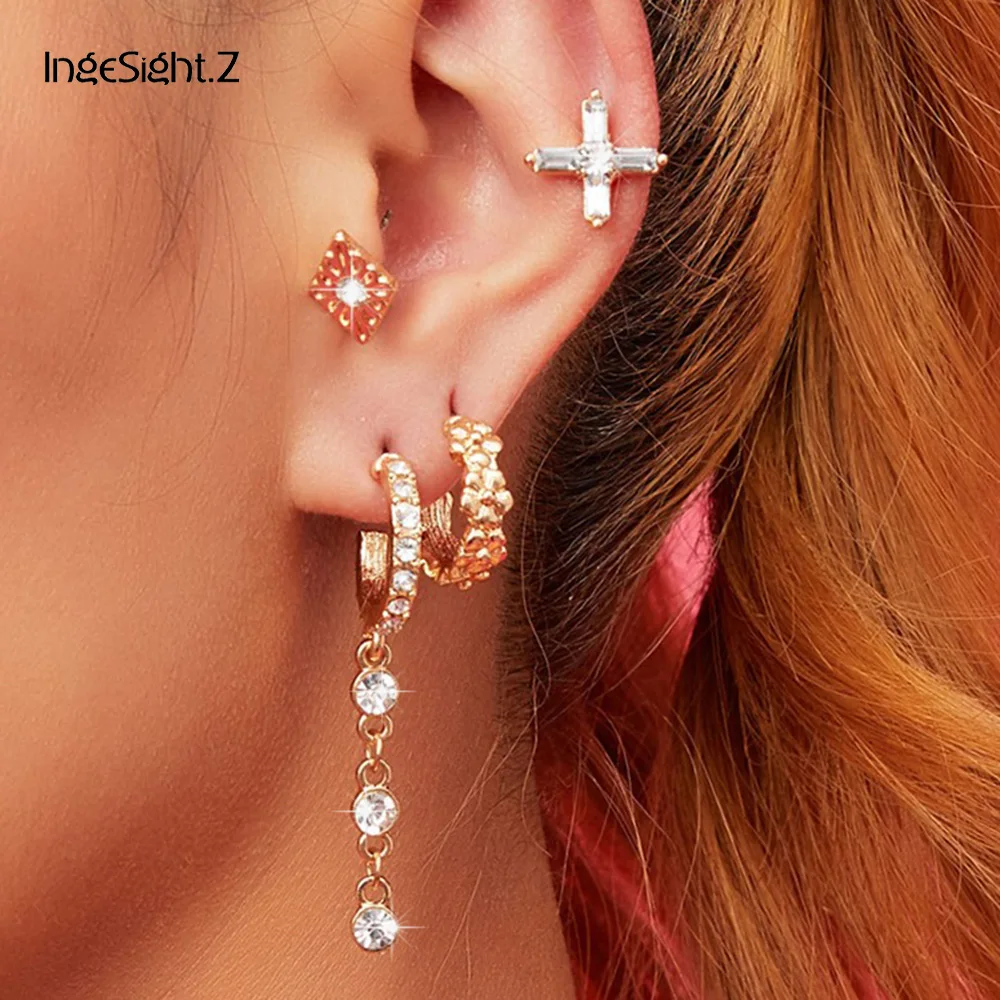 

IngeSight.Z 12Pcs Rainbow Luxury Shiny Rhinestone Flower Stud Earrings Set Punk Crystal Geometric Cross Square Earrings Jewelry