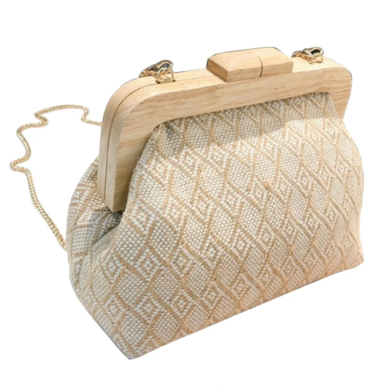 

New Wood Clip Bag Top Handle Women Handbag Retro Geometric Lattice Chain Shoulder Messenger Bag for Ladies Clutch Bag Purse