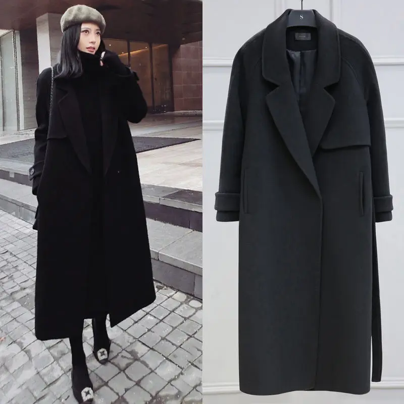 

Black Blend Woolen Coat For Women Autumn Winter Long Over The Knee Wool Jacket Female Korean Loose Large Size Overcoat Y561