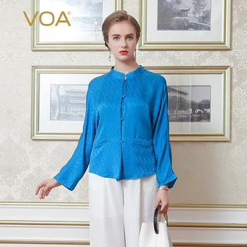 

VOA silk saffron solid-colored head-neckhead to cardib button bat sleeve spring retro loose-fitting big size woman B114