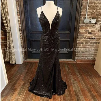 

Long Black Sequined Evening Dress V-neck Spaghetti Straps Pleats Skirt 2020 New Sexy Prom Gowns Crisscross Back Party Dresses