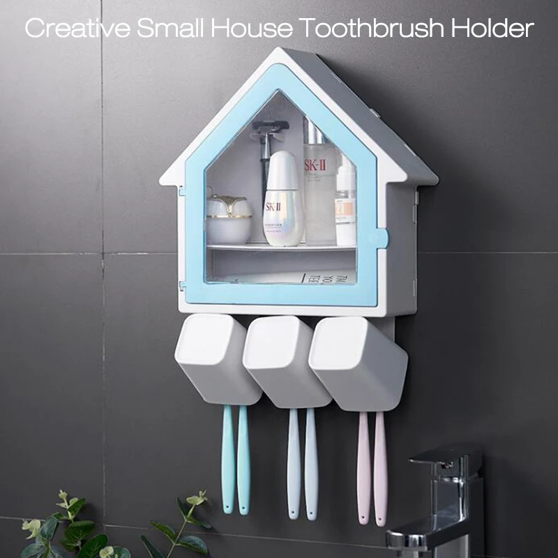 

Multi-functional Small House Toothbrush Holder Wall Mounted Double Layer Storage Rack Bathroom Cosmetics Toiletries Rack