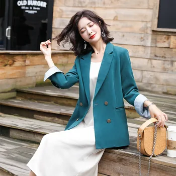 

Women's jacket 2019 autumn new casual fashion temperament loose wild color double-breasted small suit women's shirt
